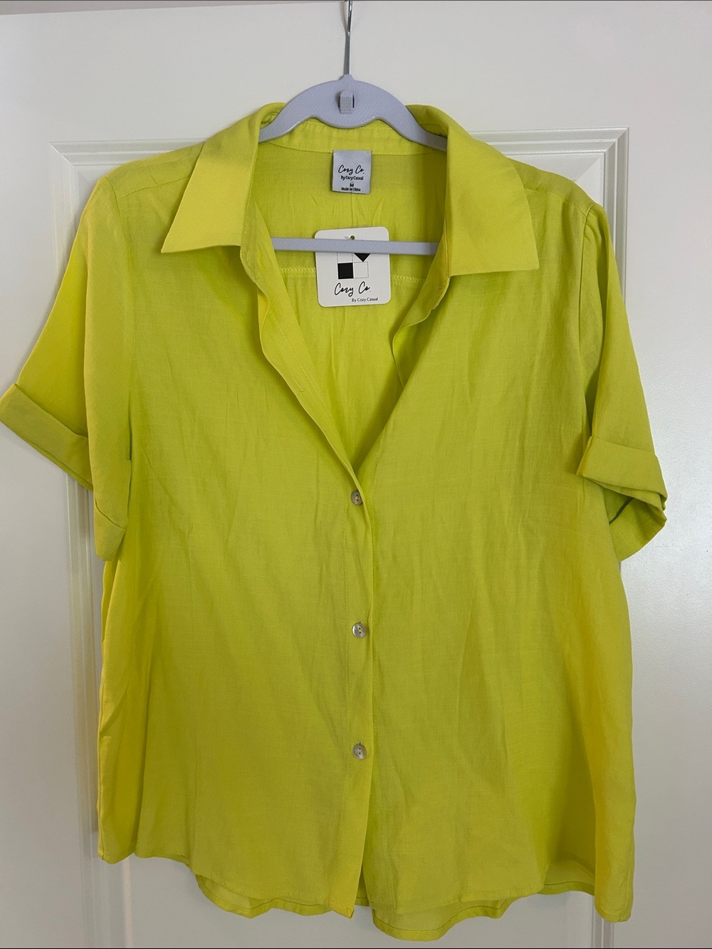 Cozy Casual Bright Lime Green Short Sleeve Button-Down Shirt